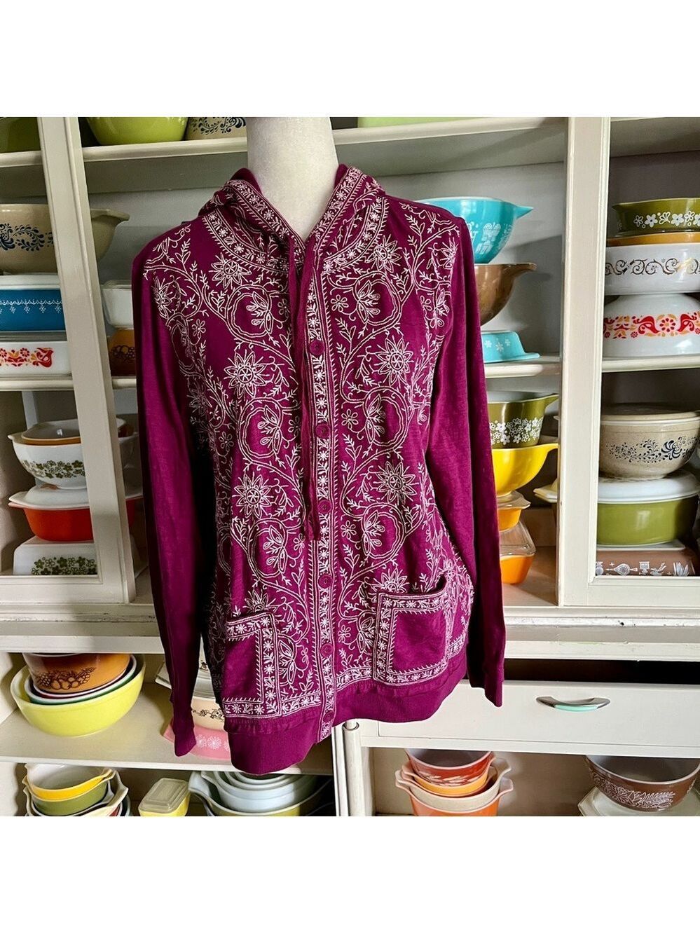 Soft Surroundings Floral Embroidered Hooded Jacket in Wine - Size Small